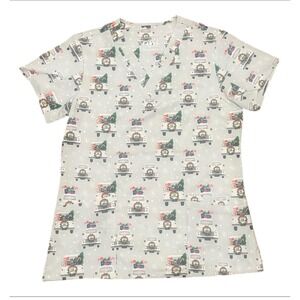 Revel Premium Stretch Women's Christmas Truck Scrub Top Size M‎ Light Blue